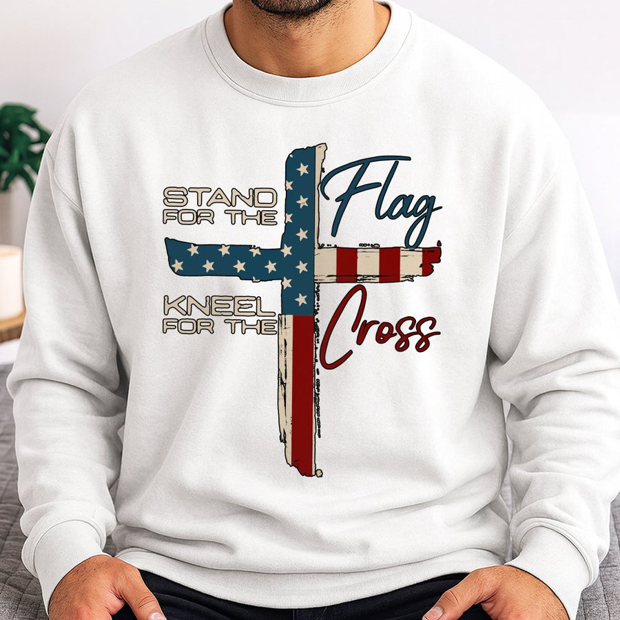 Stand For The Flag Kneel For The Cross Sweatshirt | Patriotic American Flag Religious Graphic | Premium Cotton Blend | Gift For Christian Patriot