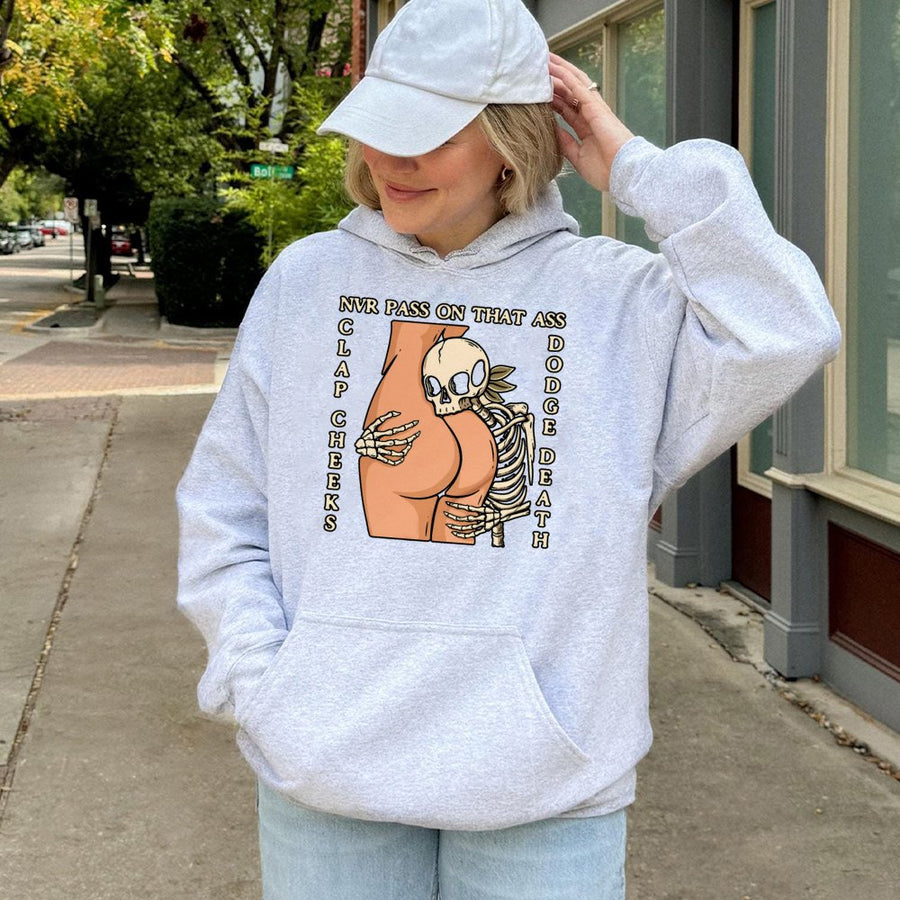 Clap Cheeks Dodge Death Hoodie | Funny Skeleton Graphic Sweatshirt | Premium Cotton-Blend | Naughty Streetwear Gift For Men And Women