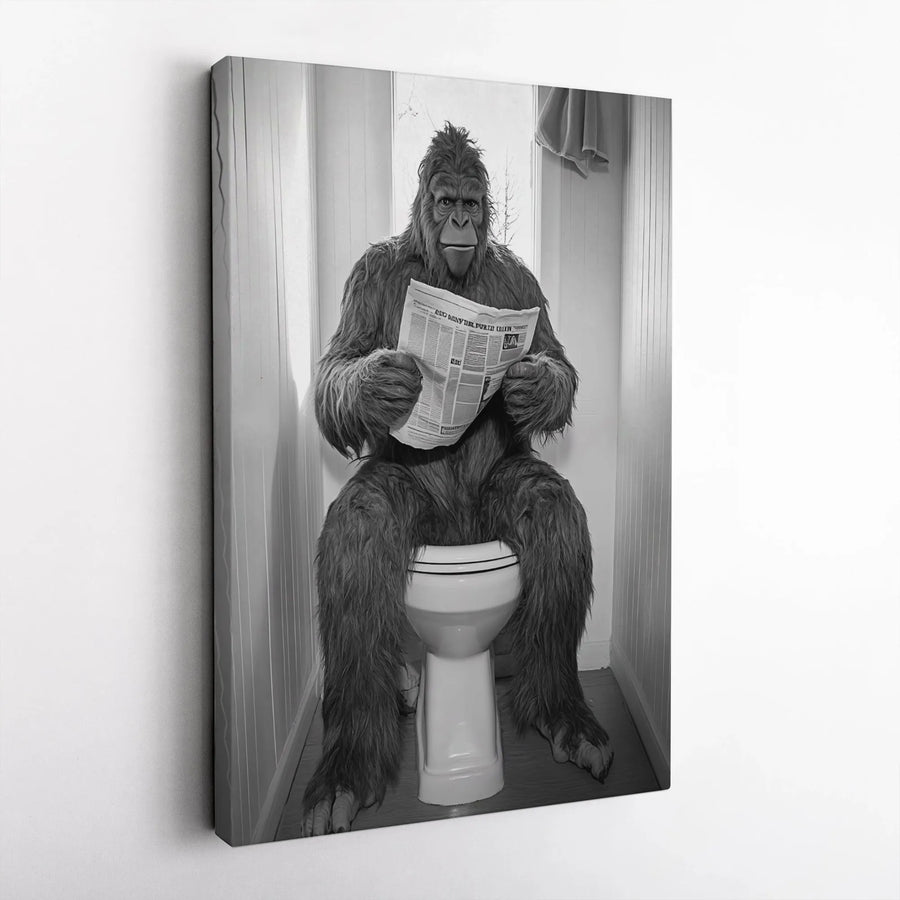 Bigfoot Bathroom Wall Art | Funny Sasquatch Reading Newspaper | Premium Gallery Wrap Canvas | Unique Gag Gift for Men