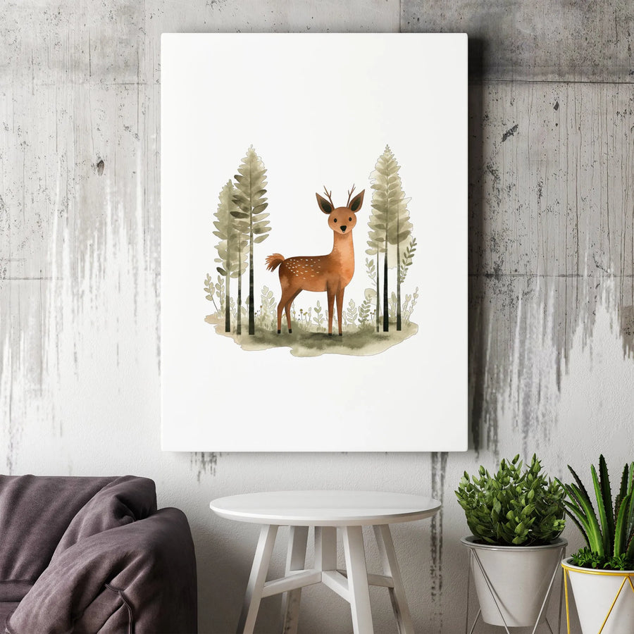 Cute Woodland Deer Canvas Art | Watercolor Forest Animal Wall Decor | Premium 1.25-Inch Gallery Wrap | Nursery And Kids Room Wall Decor