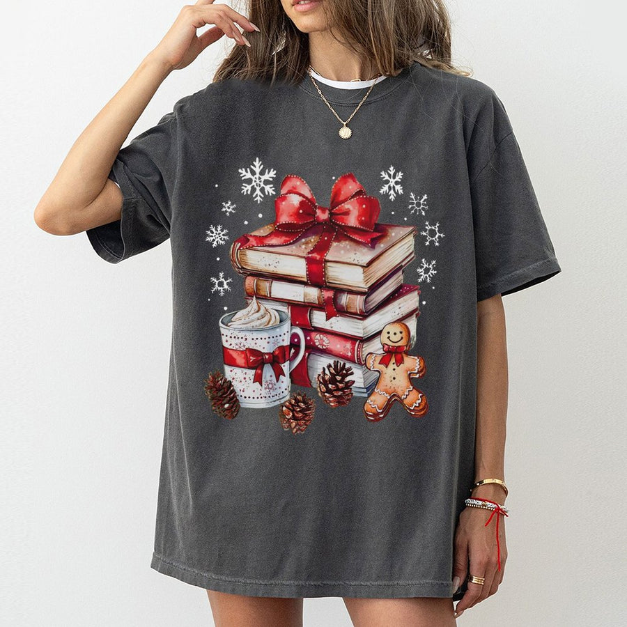 Christmas Book Lover T-Shirt | Festive Reading Stack with Gingerbread & Coffee | Premium 100% Cotton | Cozy Holiday Gift for Readers