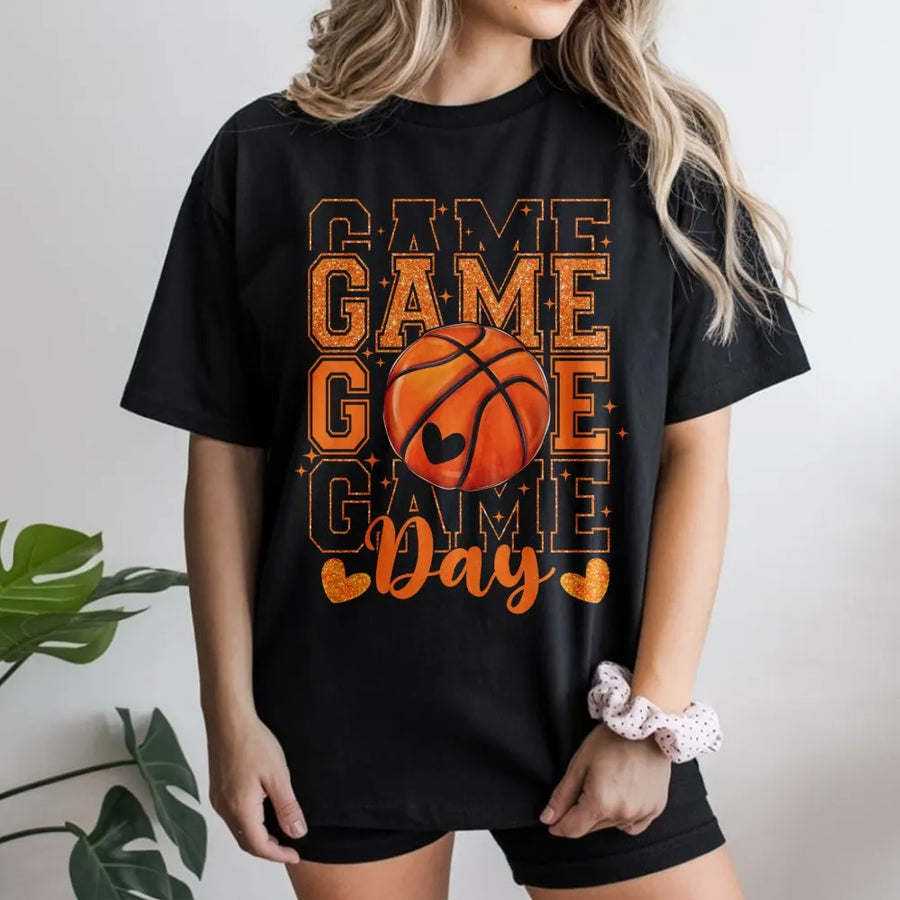 Game Day Basketball T-Shirt | Sparkle Glitter Graphic Print | Premium Soft Cotton Blend | Gift for Basketball Mom & Sports Fan