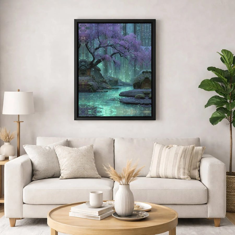 Enchanted Forest Canvas Print | Purple Blossom Tree Glowing River Wall Art | Premium Fade-Resistant Gallery Wrap | Magical Home Decor Gift