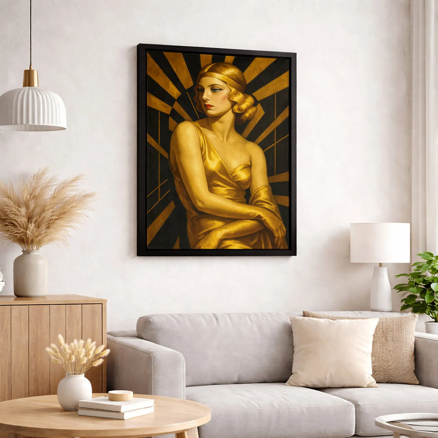Art Deco Woman Portrait Canvas | Golden Gown Geometric Sunburst Print | 1.25 Inch Gallery Wrap | Elegant Vintage Style Home Office Decor