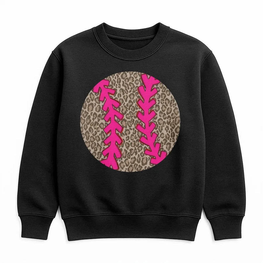 Leopard Print Baseball Sweatshirt | Cute Cheetah Ball Graphic with Pink Stitching | Premium Soft Cotton Blend | Game Day Gift for Mom