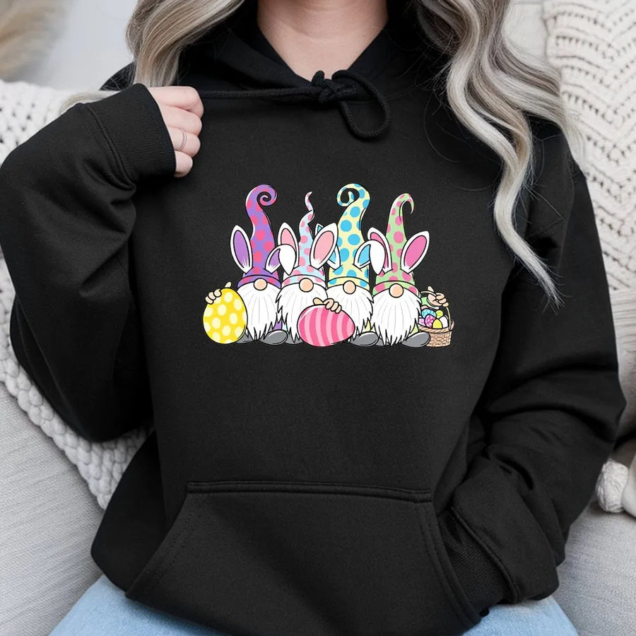 Easter Gnomes Hoodie | Cute Gnomes with Bunny Ears Design | Soft Cotton Tee | Spring Holiday Gift for Men and Women
