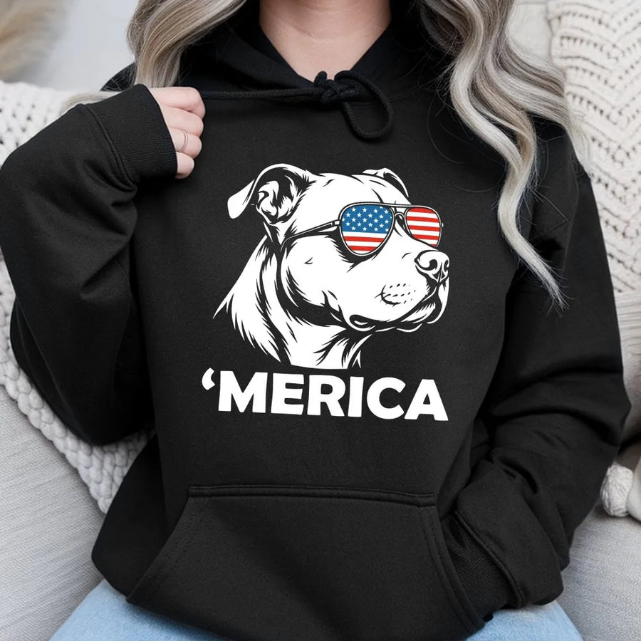 'Merica Pitbull Shirt | Funny Dog with American Flag Sunglasses | Premium Cotton Tee | 4th of July Gift for Dog Lover