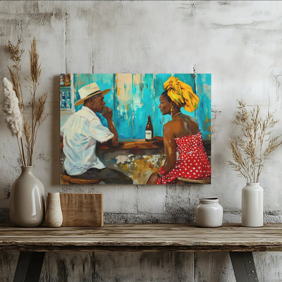 Caribbean Bar Scene Canvas Print | Black Couple Wall Art | Premium 1.25-Inch Gallery Wrap | Island Culture Home Decor Gift