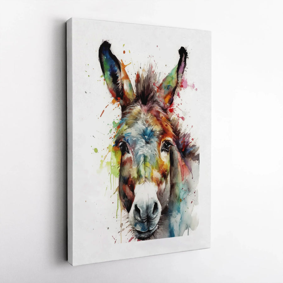 Colorful Donkey Wall Art | Watercolor Splash Portrait Print | Premium Gallery Wrapped Canvas | Farmhouse Animal Home Decor Gift