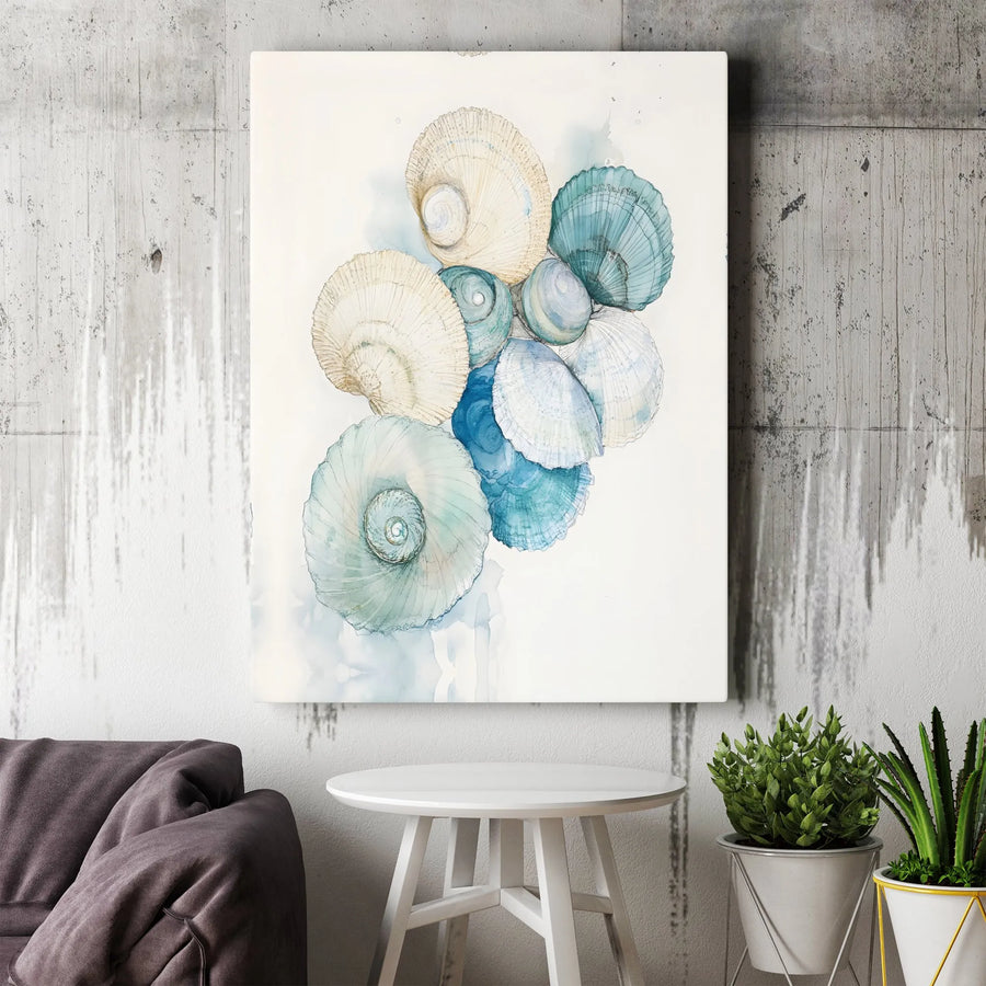 Coastal Seashell Wall Art | Watercolor Shells Print Gallery Wrap | Premium Stretched Canvas | Beach House Decor for Bathroom or Living Room