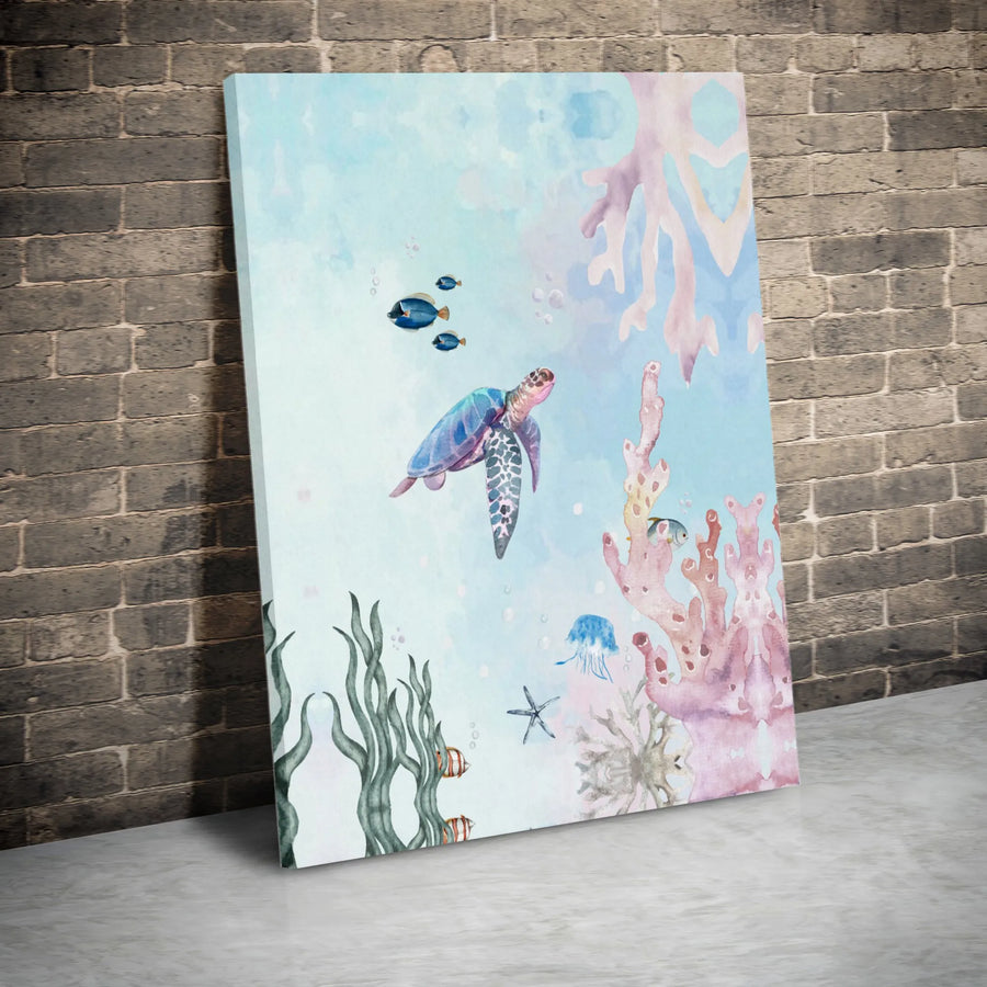 Sea Turtle Canvas Wall Art | Watercolor Ocean Reef Scene | Premium Gallery-Wrapped Print | Coastal Decor for Bathroom Nursery or Beach Home