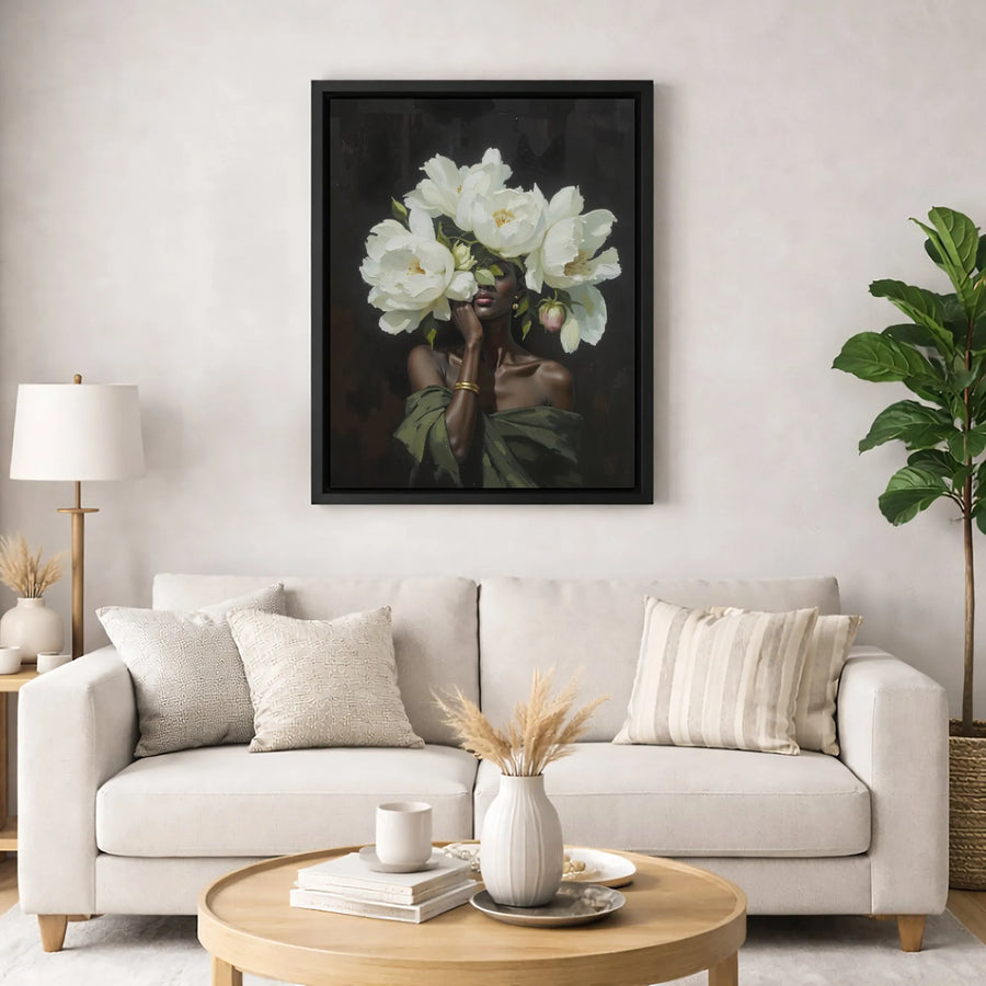 Black Woman Portrait Wall Art | White Peony Floral Crown Painting | Gallery Wrapped Premium Canvas | Elegant Home Decor Gift For Her