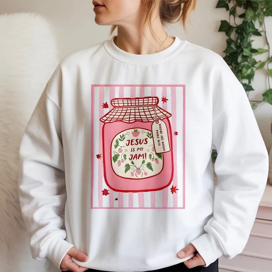 Jesus Is My Jam Sweatshirt | Cute Strawberry Jam Jar Graphic | Premium Cotton-Blend Sweatshirt | Trendy Christian Faith Gift for Women