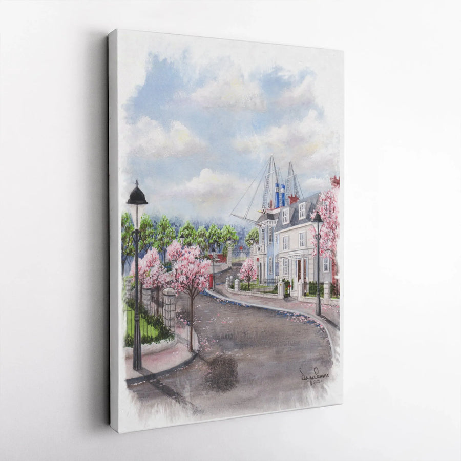 Cherry Blossom Street Canvas Art | Watercolor Coastal Town Scene | Premium Gallery Wrap Print | Spring Home Decor Wall Hanging