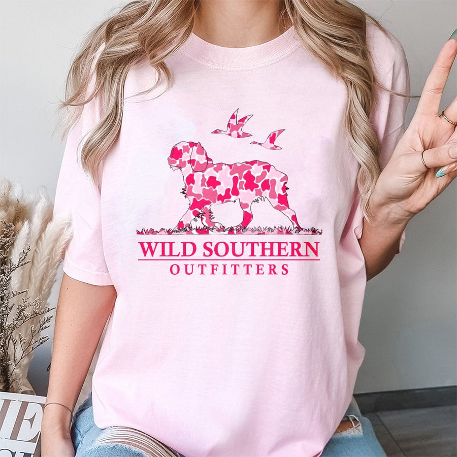 Boykin Spaniel Hunting Dog T-Shirt | Pink Camo Duck Design | 100% Cotton Premium Tee | Outdoor Gift for Women & Girls Who Love Country Life