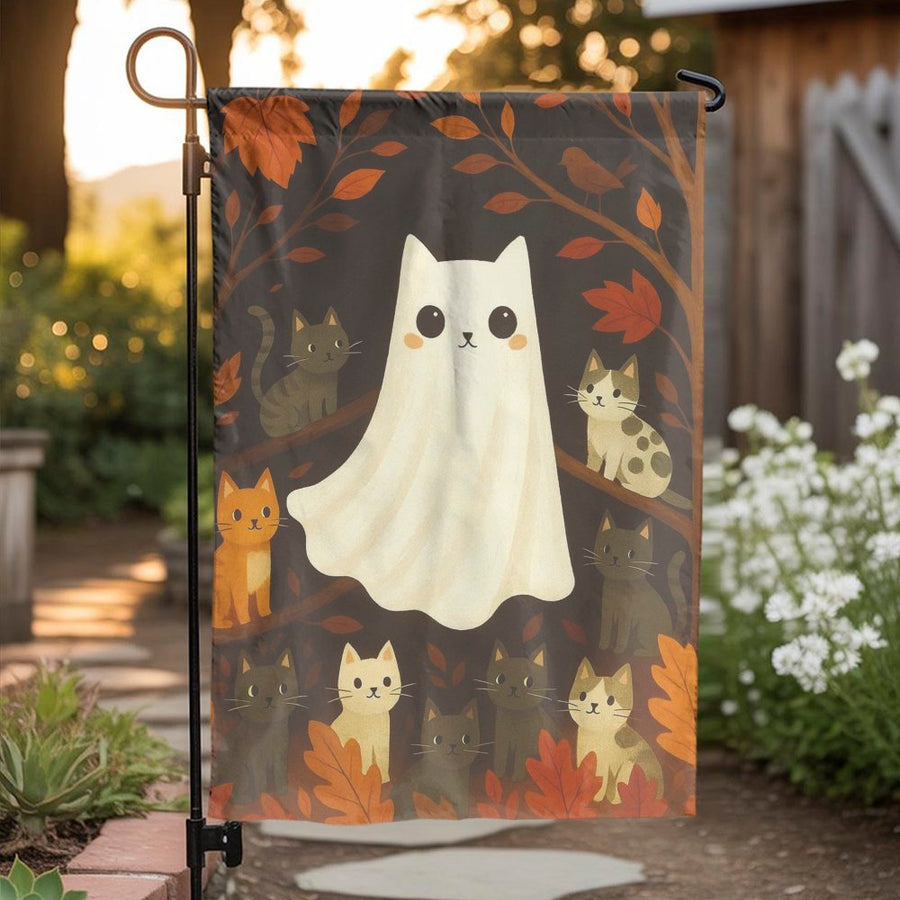Ghost Cat Garden Flag | Cute Kitten Fall Foliage Print | Weather-Resistant Polyester | Halloween Outdoor Decor Gift