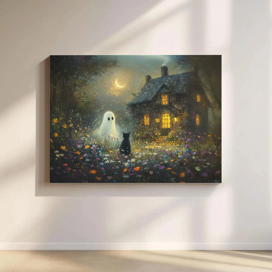 Ghost and Black Cat Canvas Art | Whimsical Haunted House Wildflower Meadow | Premium Gallery Wrapped | Spooky Cottagecore Home Decor Gift