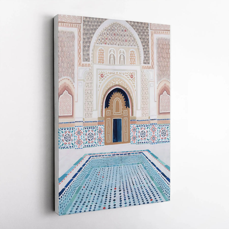 Moroccan Riad Canvas Wall Art | Watercolor Courtyard with Blue Mosaic Pool | 1.25” Gallery Wrap | Premium Travel Decor Gift