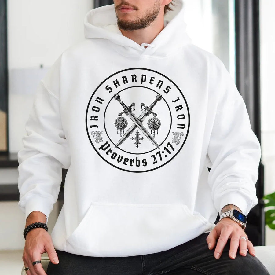 Iron Sharpens Iron Hoodie | Proverbs 27:17 Crossed Swords Graphic | Premium Cotton Blend | Christian Gift for Men