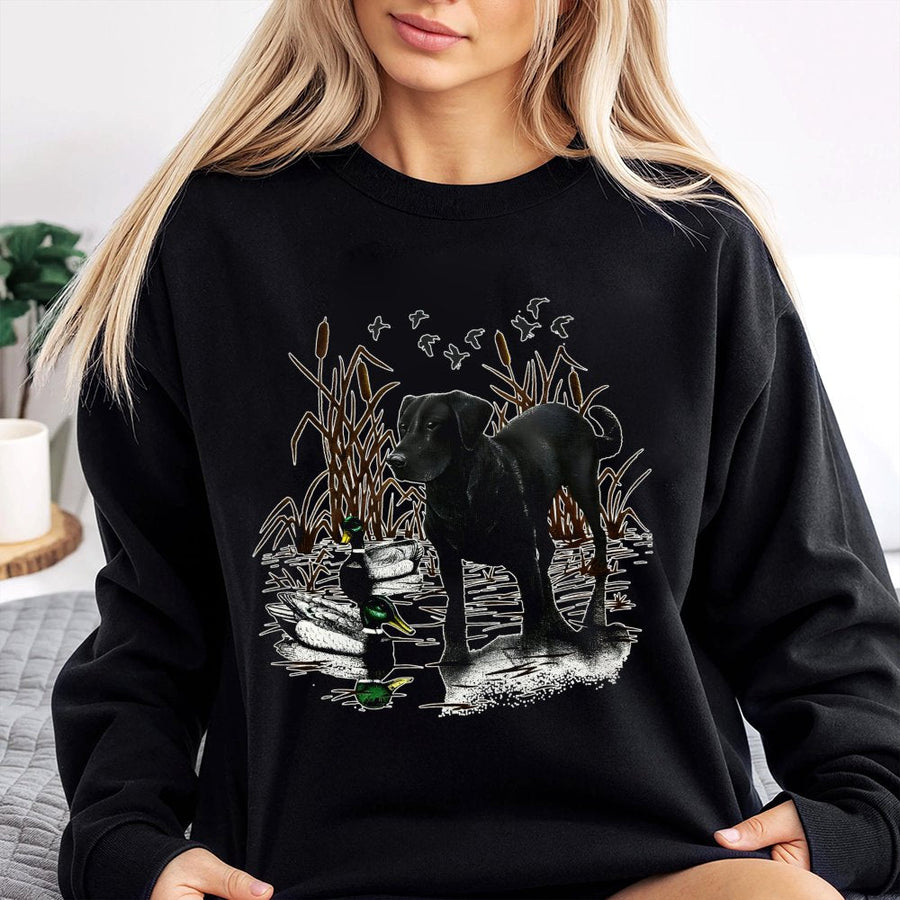 Black Labrador Retriever Sweatshirt | Duck Hunting Nature Graphic | Premium Cotton Blend | Gift for Dog Lover and Outdoorsman