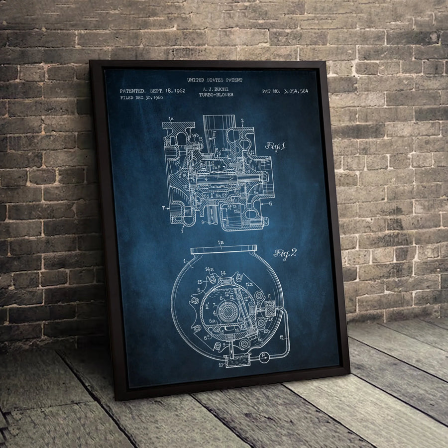 Turbo Blower Patent Print | Vintage Engineering Blueprint Wall Art | Premium Gallery Wrapped Canvas | Mechanical Engineer Gift Office Decor