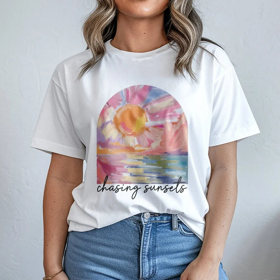Chasing Sunsets T-Shirt | Boho Beach Vacation Graphic Tee | Premium Comfort Colors Cotton | Trendy Summer Gift for Her