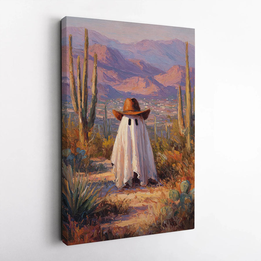 Cowboy Ghost Canvas Wall Art | Western Desert Saguaro Cactus Print | Premium Gallery Wrap Decor | Spooky Southwestern Home Gift