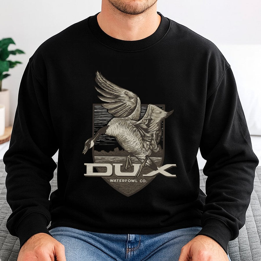 Dux Waterfowl Co. Goose Hunting Sweatshirt | Flying Duck Graphic Logo | Premium Cotton Blend Crewneck | Outdoor Hunter Gift Apparel