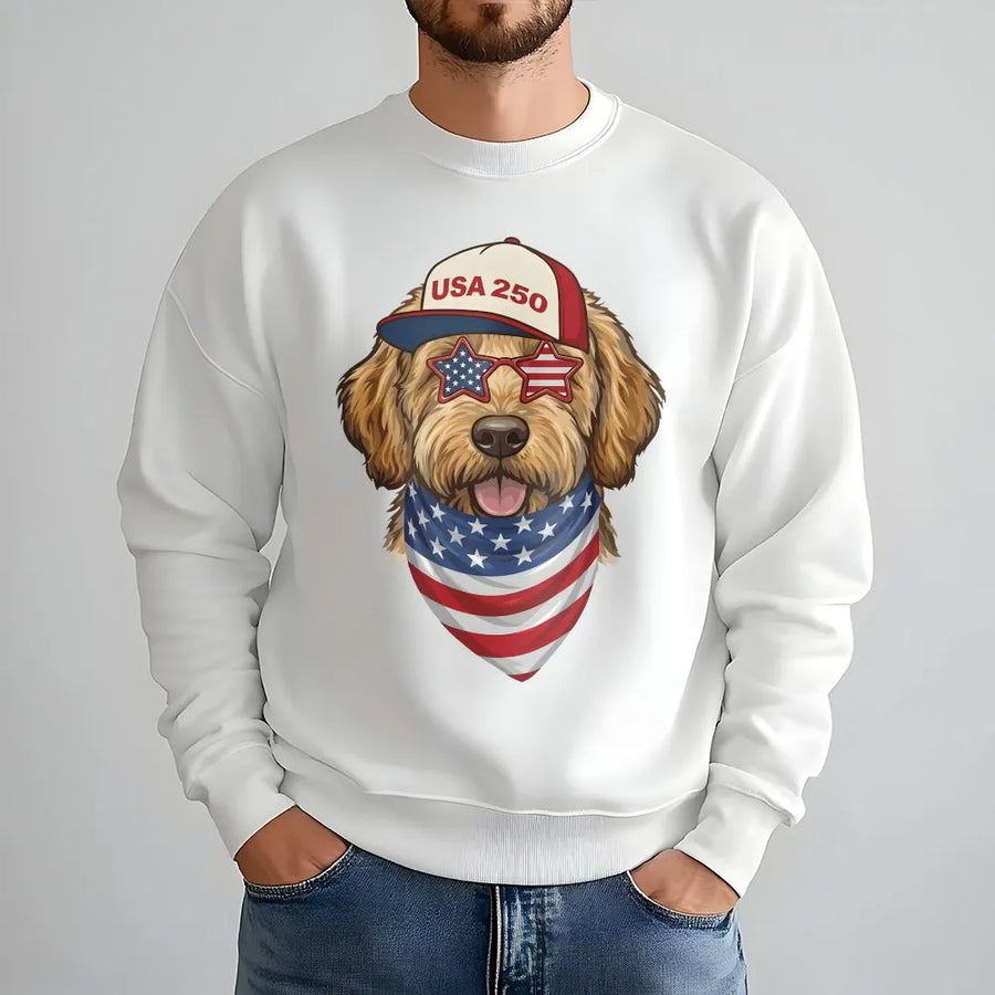 USA 250th Anniversary Sweatshirt | Patriotic Dog with American Flag Graphic | Soft Cotton Blend Pullover | Fourth of July Gift for Dog Lovers