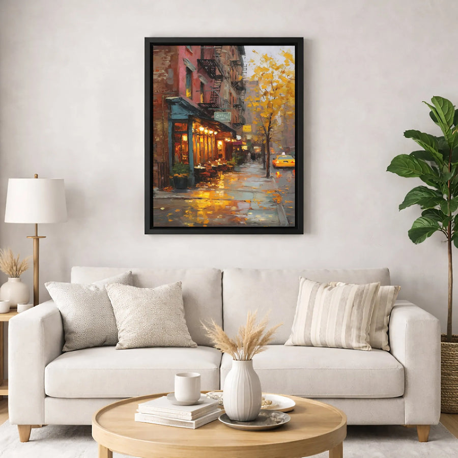 New York City Street Canvas | Rainy Autumn Evening Impressionist Art | Premium Gallery Wrapped Wall Decor | Urban Gift for Home Office