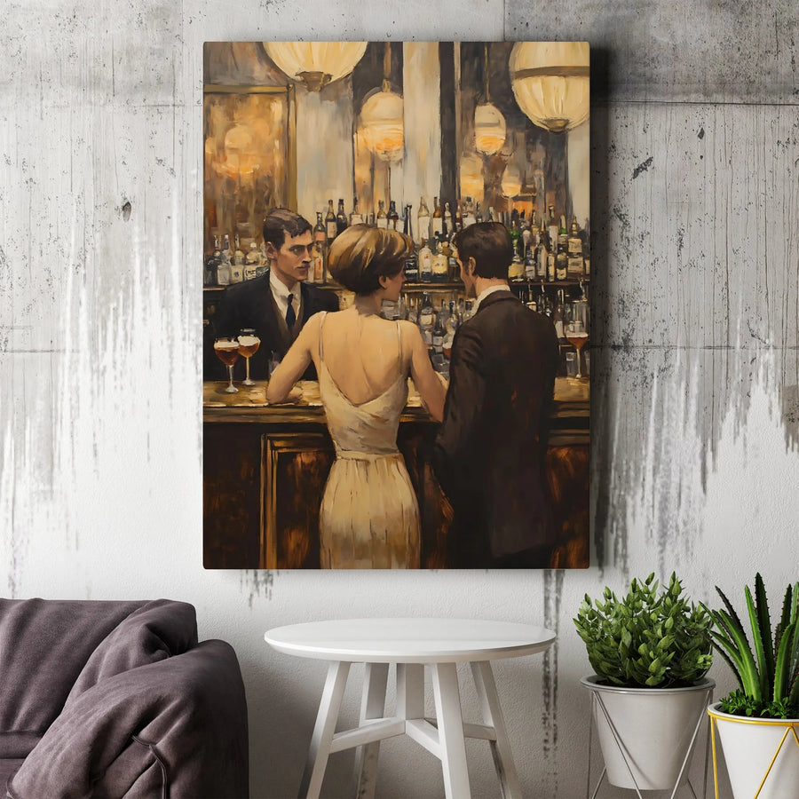 Vintage Bar Scene Canvas Art | Elegant Couple at Nightclub Oil Painting Style | Premium Gallery Wrap Wall Decor | Sophisticated Home Office Gift