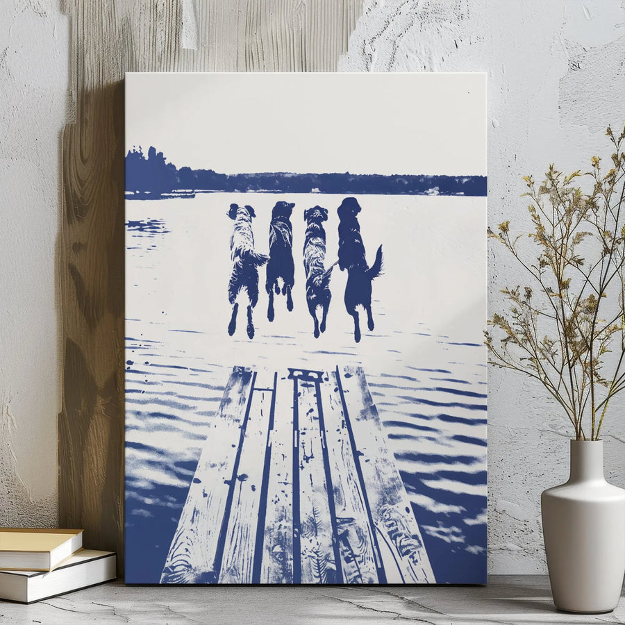 Dog Jumping Into Water Canvas Art | Blue and White Dock Scene | Gallery Wrapped Premium Print | Modern Coastal Home Decor Gift for Dog Lovers