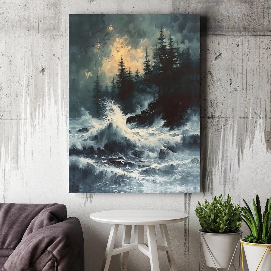 Stormy Sea Canvas Print | Moody Seascape with Crashing Waves | Premium High-Resolution Wall Art | Coastal Living Room Decor Gift
