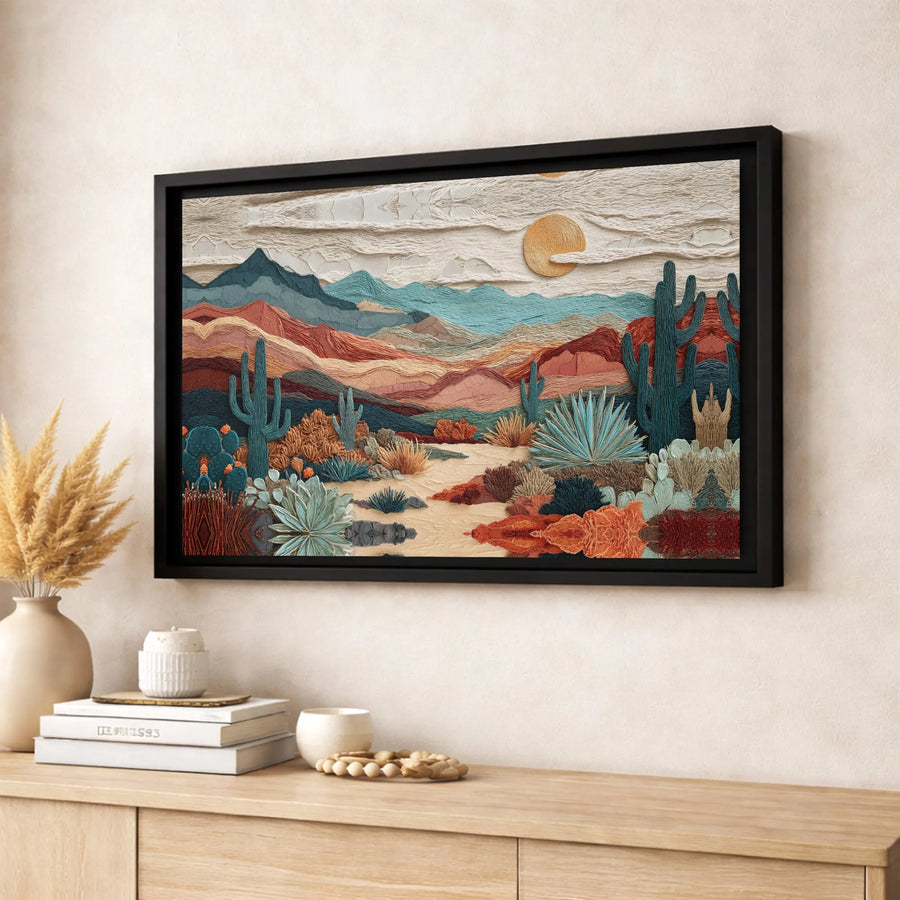 Southwestern Desert Canvas Wall Art | Textured Mountain Landscape with Cacti | Premium Gallery-Wrapped Print | Modern Home Decor Gift