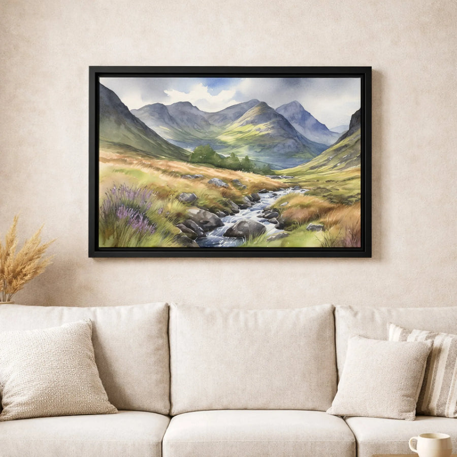 Scottish Highlands Landscape Wall Art | Watercolor Mountain River Scenic Print | Premium Gallery Wrapped Canvas | Nature Lover Home Decor Gift