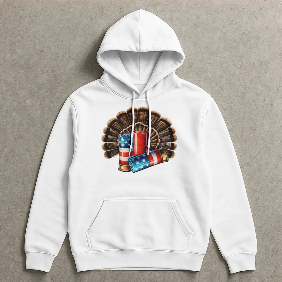 Patriotic Turkey Hunting Hoodie | American Flag Shotgun Shells & Feather Fan Graphic | Comfortable Cotton Blend | Gift for Hunter