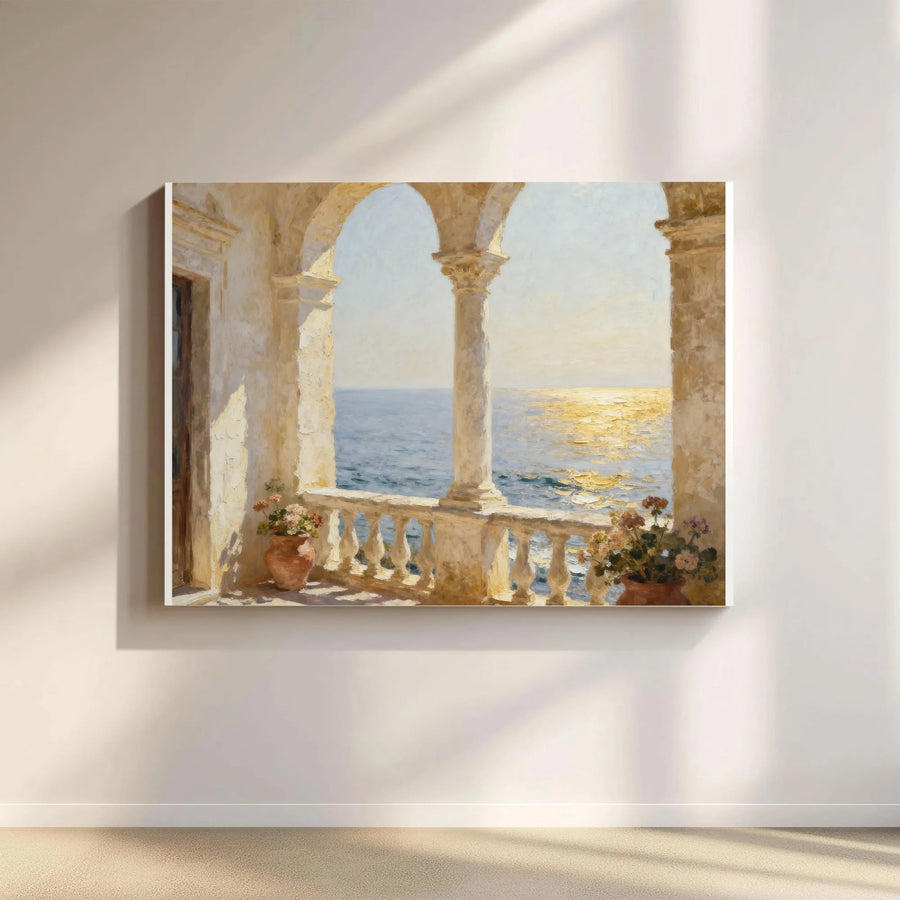 Mediterranean Balcony Canvas Wall Art | Impressionist Sunlit Ocean Scene | Premium Gallery-Quality Canvas | Coastal Home Decor Gift