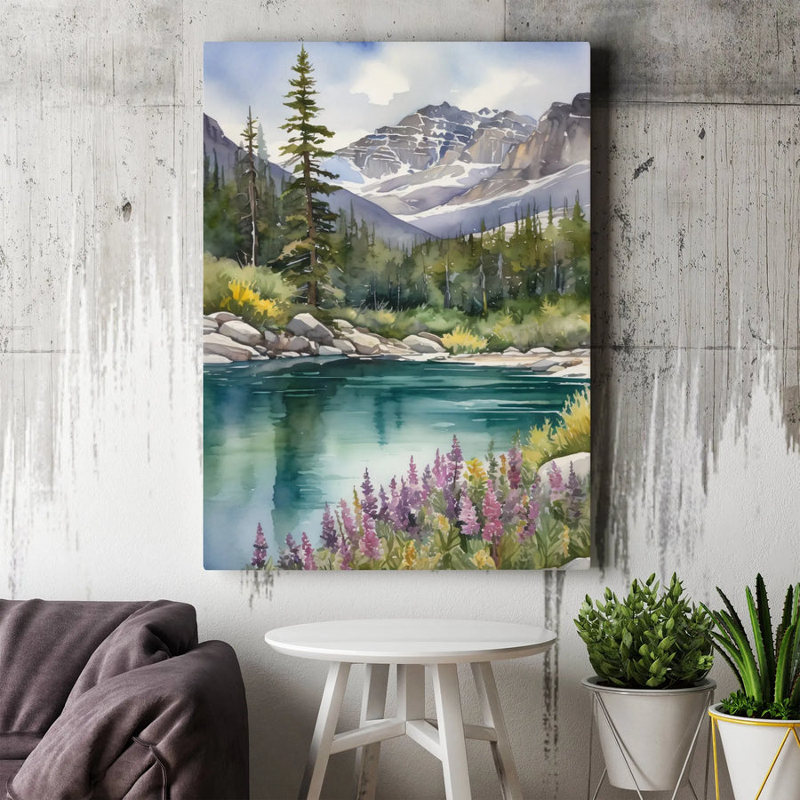 Mountain Landscape Canvas Print | Watercolor River & Pine Forest Scene | Premium Gallery Wrapped Wall Art | Nature Lover Gift for Cabin Decor