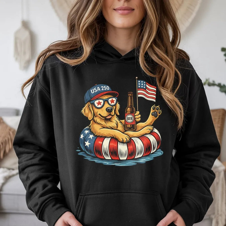 Patriotic Dog Hoodie for 4th of July | Funny Golden Retriever with Beer & Flag | Soft Cotton Unisex Tee | Independence Day Gift for Dog Lovers