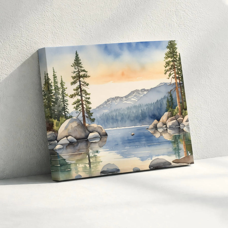 Mountain Lake Canvas Wall Art | Watercolor Pine Forest Landscape | Premium Fade-Resistant Print | Nature Lover Gift for Living Room & Cabin Decor