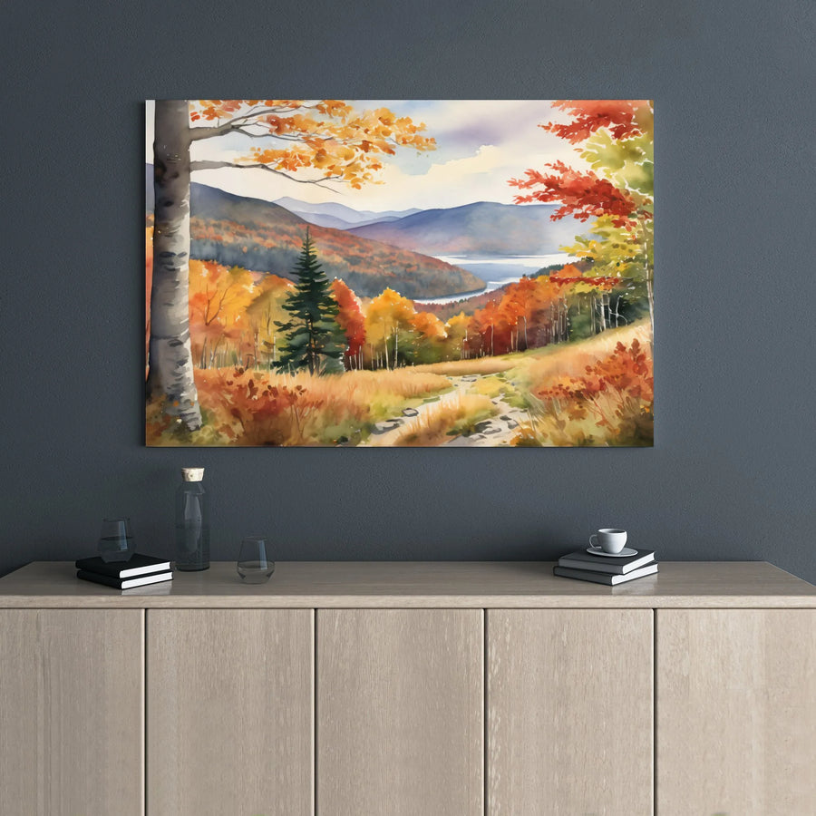 Autumn Mountain Landscape Canvas Art | Watercolor Fall Forest Lake Print | Premium Gallery Wrap Wall Decor | Rustic Nature Home Office Gift
