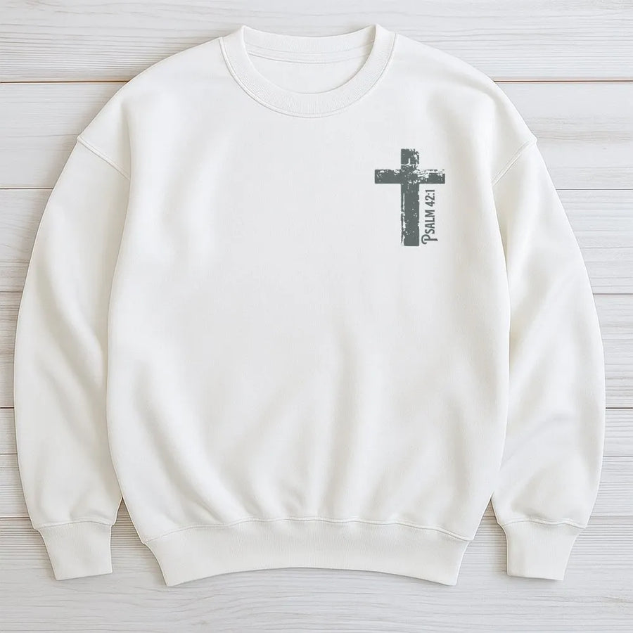 Christian Hunter Sweatshirt | Distressed Cross with Psalm 42:1 | Premium Cotton Blend | Religious Gift for Men, Dad, Outdoorsman