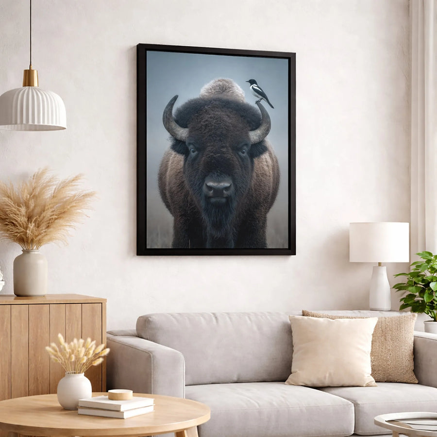 American Bison Canvas Print | Wildlife Nature Wall Art with Magpie | Premium Gallery Wrapped Decor | Gift for Animal Lovers