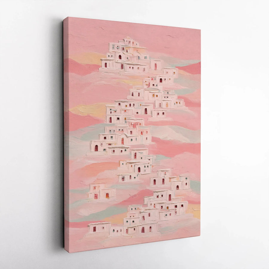 Pink Mediterranean Village Canvas Art | Abstract Coastal Hillside Print | Gallery Quality Textured Wall Decor | Modern Minimalist Home Gift