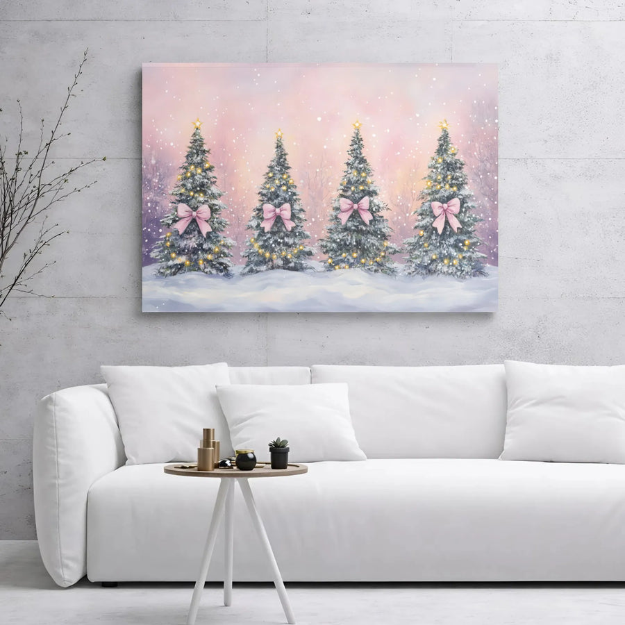 Pink Bow Christmas Tree Canvas Art | Snowy Holiday Landscape Wall Decor | Gallery Wrapped Premium Print | Festive Cozy Home Gift