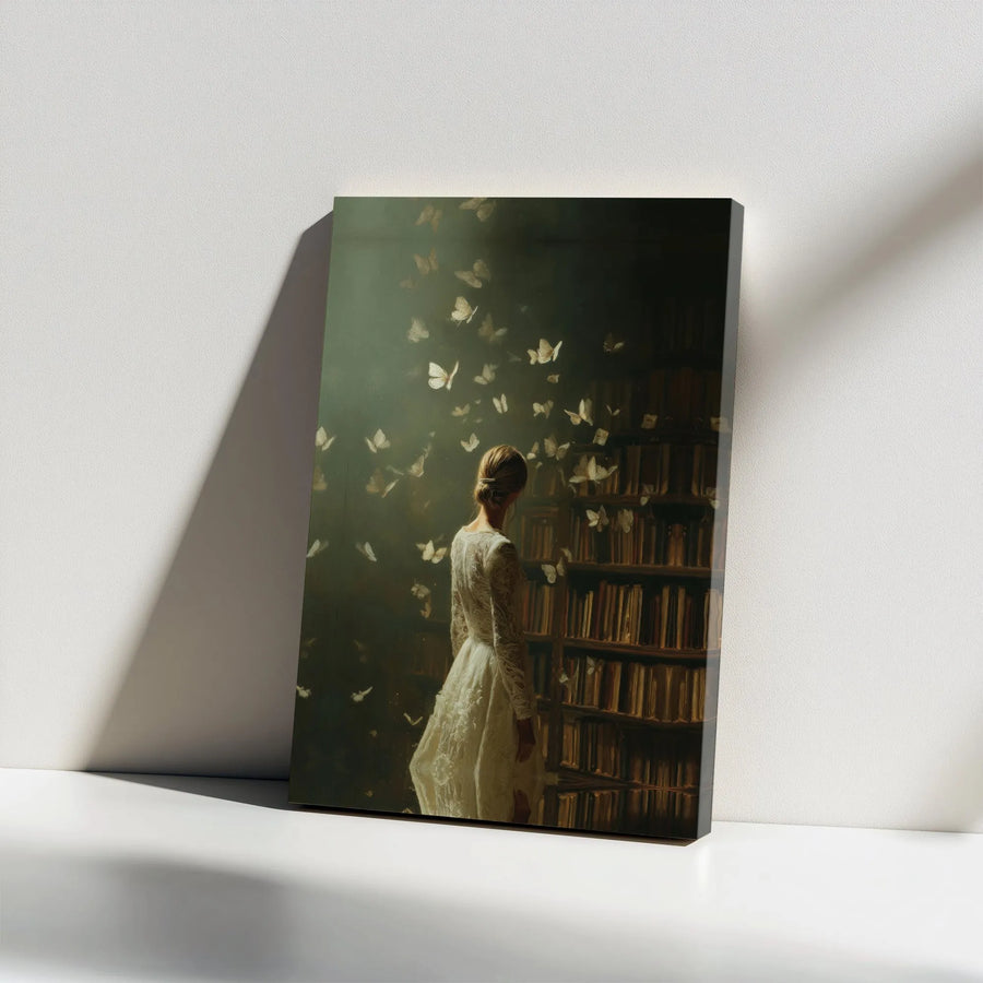 Dark Academia Canvas Wall Art | Woman & Butterflies in Moody Library | Premium Gallery Wrapped Canvas | Gift for Book Lover & Reader