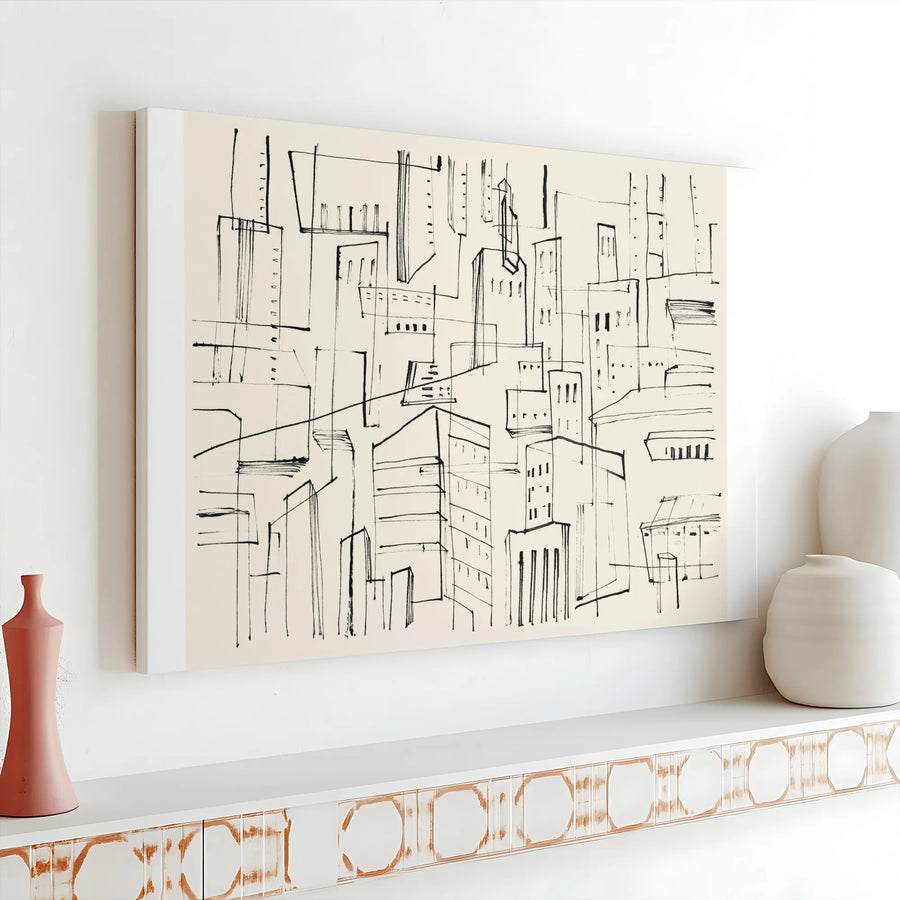 Minimalist Cityscape Canvas Wall Art | Abstract Architectural Line Art Print | Premium Gallery Canvas | Modern Office & Living Room Decor Gift