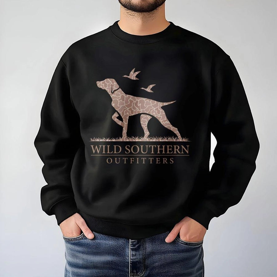 Bird Dog Sweatshirt | Camo Pointer Hunting Graphic | Premium Cotton Blend Crewneck | Outdoor Gift for Southern Country Hunters