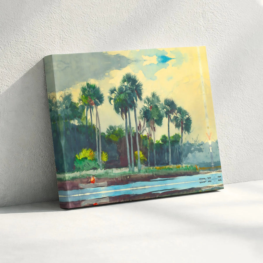 Tropical River Landscape Canvas | Watercolor Palm Tree Art | Premium 1.25-Inch Thick Gallery Wrap | Nature-Inspired Home Decor