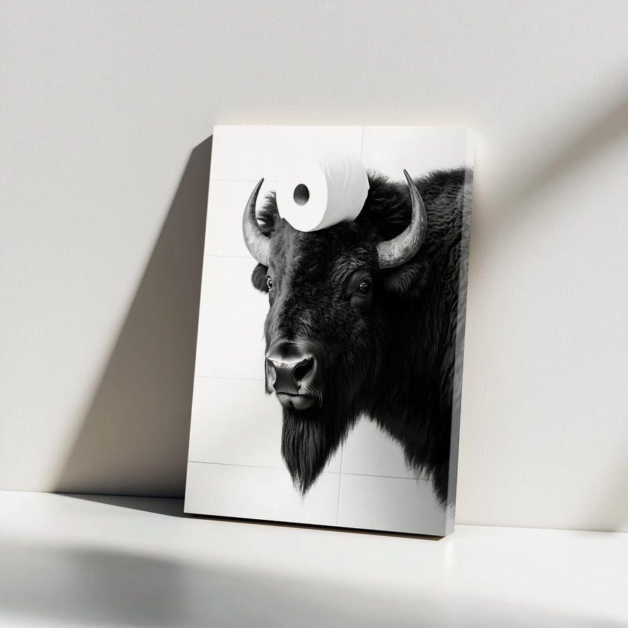 Funny Bison Canvas Wall Art | Black and White Buffalo with Toilet Paper | Premium Gallery Wrap | Unique Bathroom Decor Gift